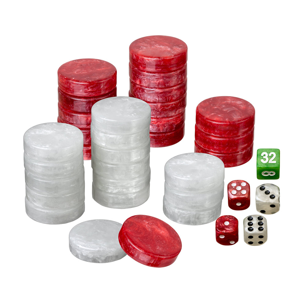 Marmorerede Backgammonbrikker (rød/hvid plast) - 34 mm