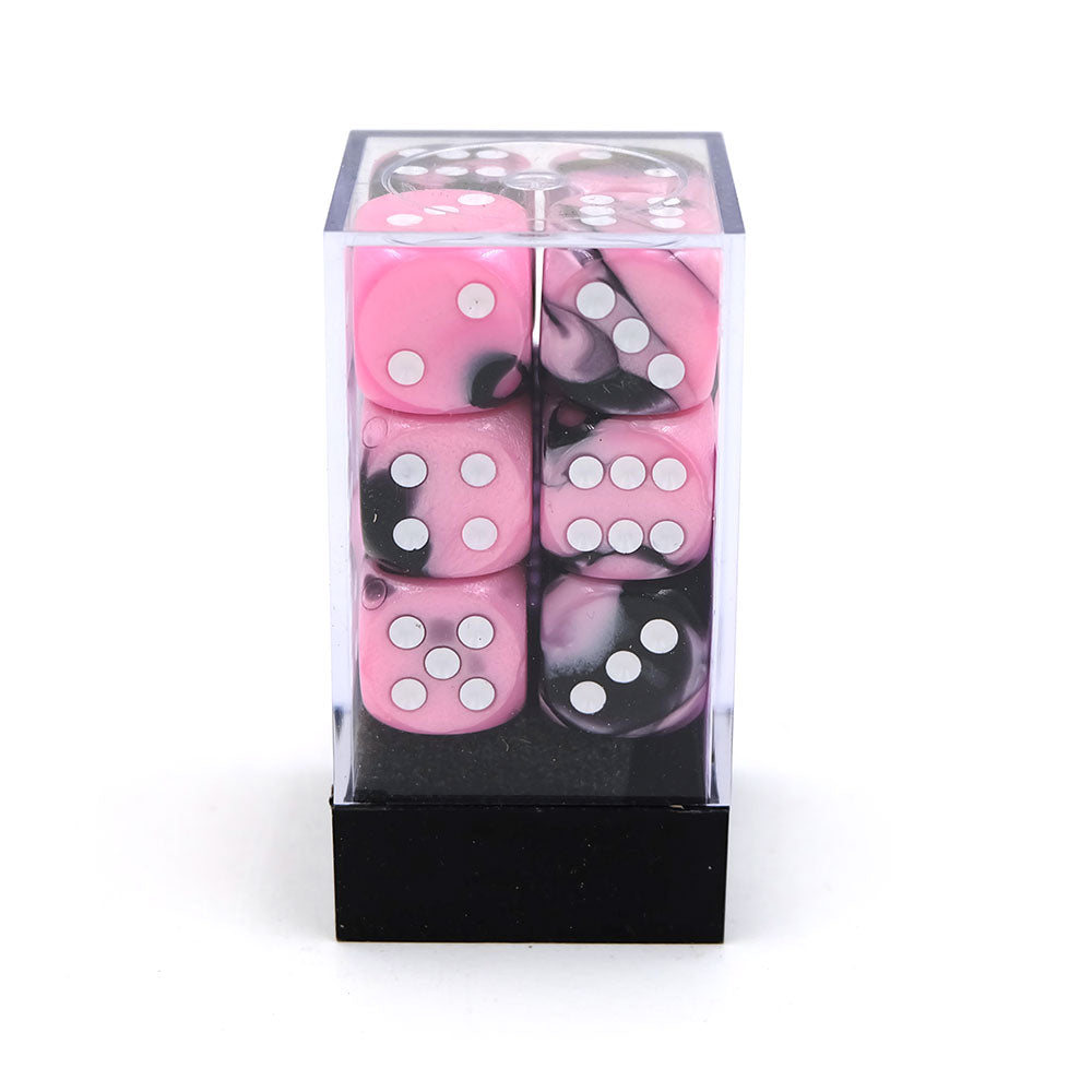 12 stk gemini sort/pink terninger (16 mm)