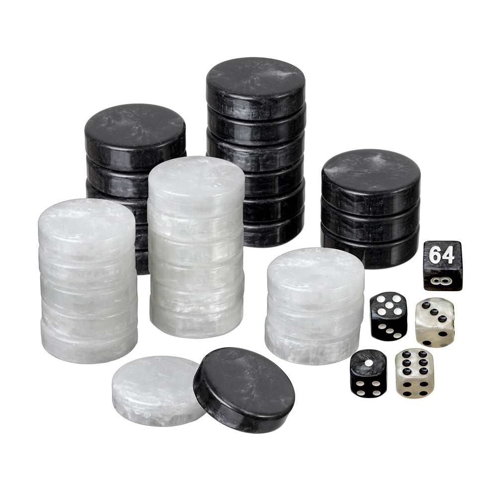 Marmorerede Backgammonbrikker (sort/hvid plast) - 28 mm
