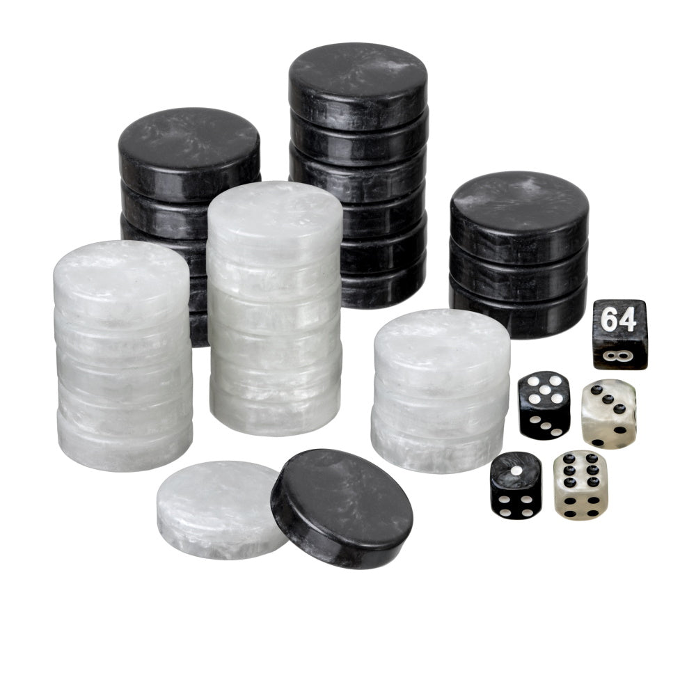 Marmorerede backgammonbrikker (sort/hvid plast) - 34 mm